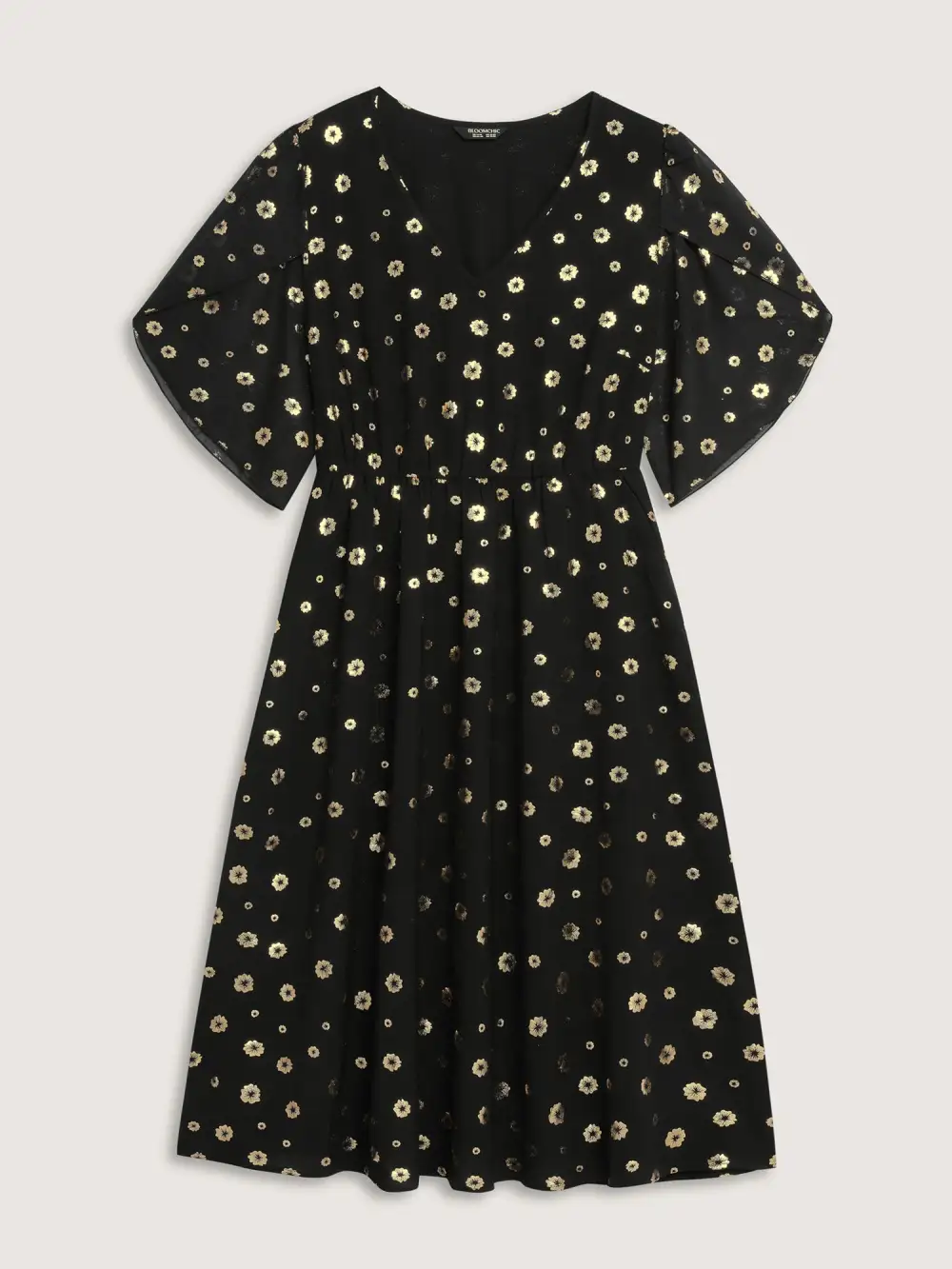 Gold Stamped Bud Sleeve Midi Dress