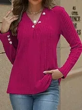 Women's T Shirt Casual Long Sleeve Regular Tops V Neck Daily Light Brown Blue Green Rose Pink Spring Fall