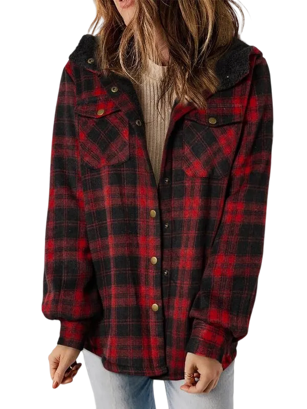 Women's Plaid/Houndstooth Button - Front Hooded Coat