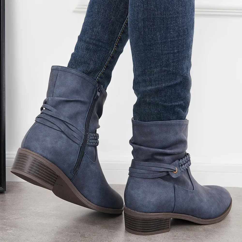 Slouchy Ankle Boots Braided Strap Chunky Block Heel Booties