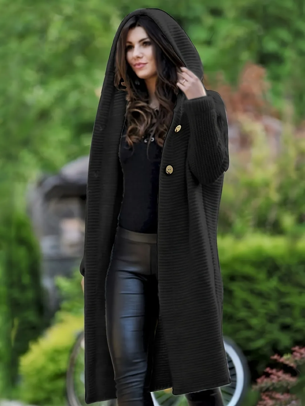 Cozy Fall/Winter Hooded Cardigan - Casual, Solid Color, Buttoned, Micro-Elastic Polyester, Easy-Care Women’s Fashion