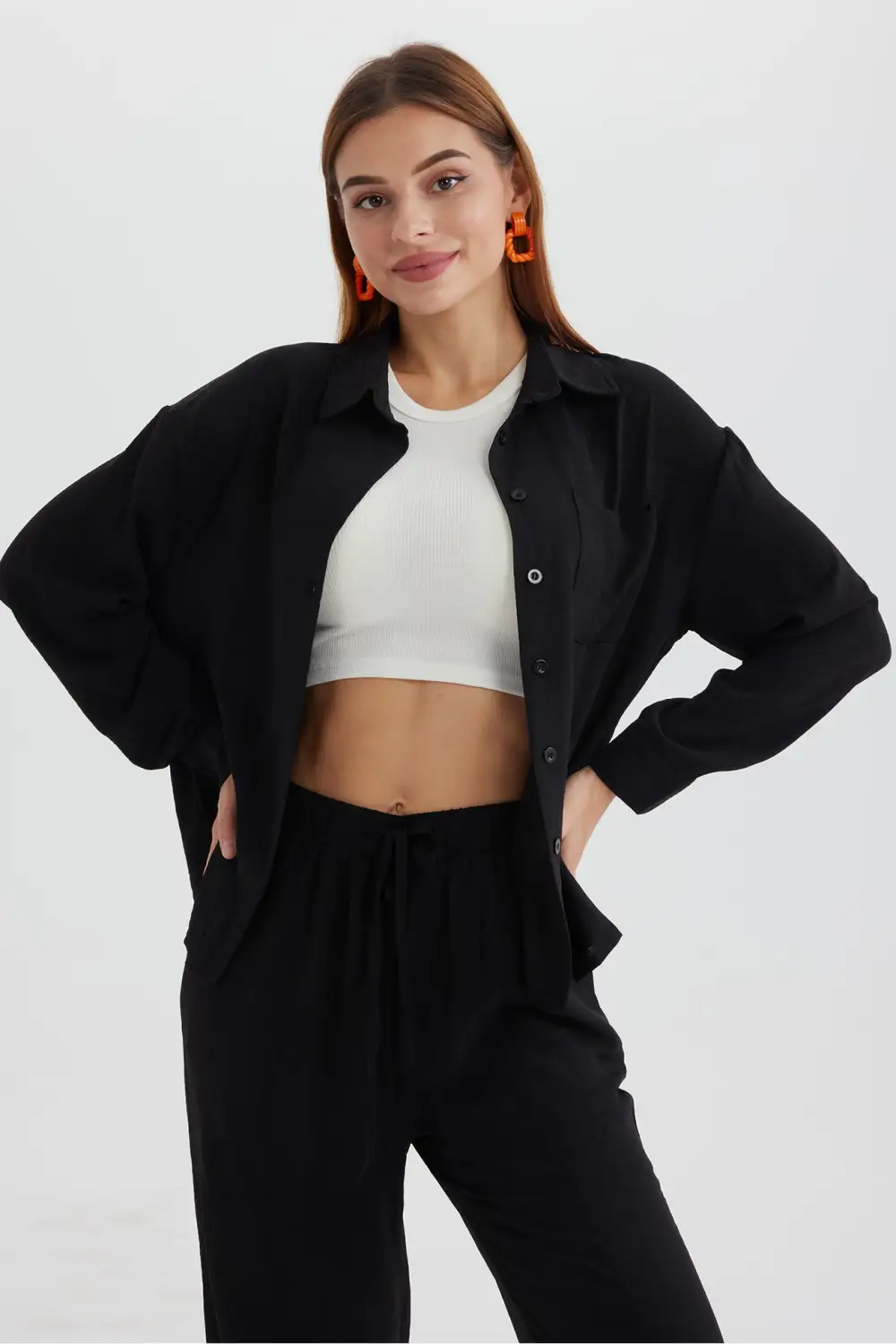 Long Sleeve Solid Color Shirt Long Pants Set