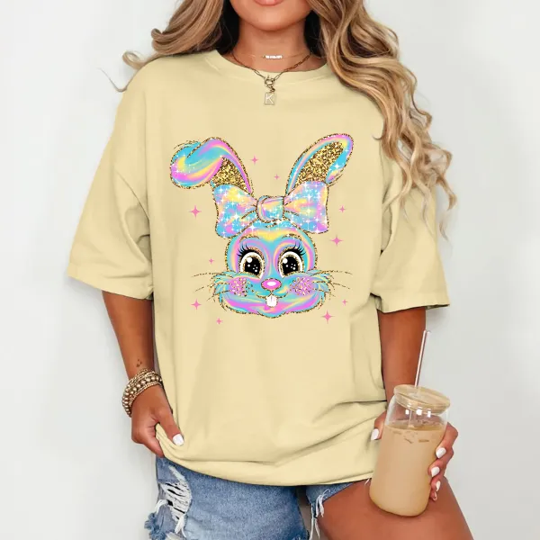 T-shirt Colorful Sequin Easter Bunny Women Printed Round Neck Short Sleeve