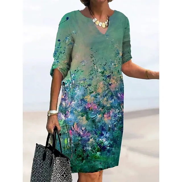 Women‘s Casual Dress Midi Dress Leopard Black White Half Sleeve Floral Print