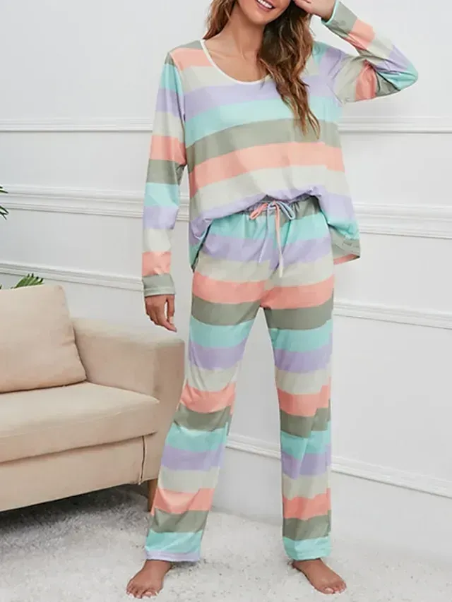 Women's Plus Size Pajamas Sets Nighty Pjs 2 Pieces Rainbow Stripe Fashion Comfort Soft Home Daily Bed Cotton Breathable V Wire Long Sleeve T shirt Tee Pant Fall Spring Blue Yellow