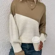 Womens Elegant Color Block Funnel Neck Pullover Sweater - Soft High Elasticity Acrylic Knit Fabric, Long Sleeve Drop Shoulder Design, Easy Care Hand Wash or Dry Clean, Perfect for Fall and Winter