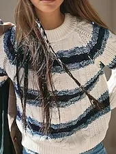 Women's Sweater Pullover Fashion Streetwear Striped Cable Crew Neck Knitted Long Sleeve Regular Tops Knit Holiday Going out Weekend Yellow Purple Fall Winter