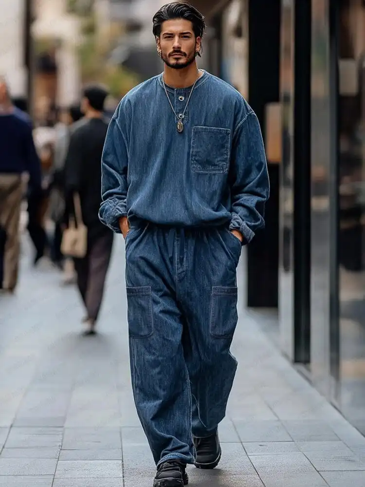 Vintage-Inspired Denim Cargo 2-Piece Set