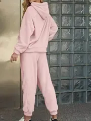 Cozy Solid Teddy Two-Piece Set - Long Sleeve Kangaroo Pocket Hooded Tops, Warm & Comfortable Long Length Pants Outfits for Women