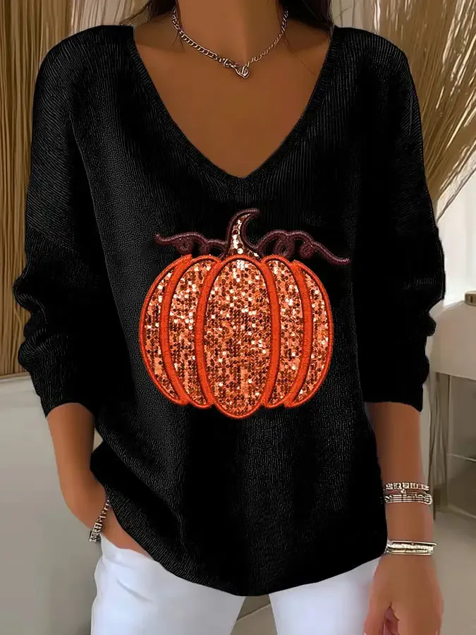 Women'S Retro Autumn Pumpkin Print T-Shirt
