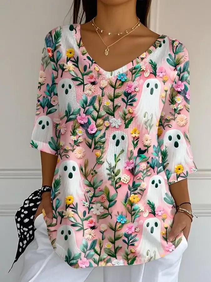 Women's Ghost Print V-Neck T-Shirt