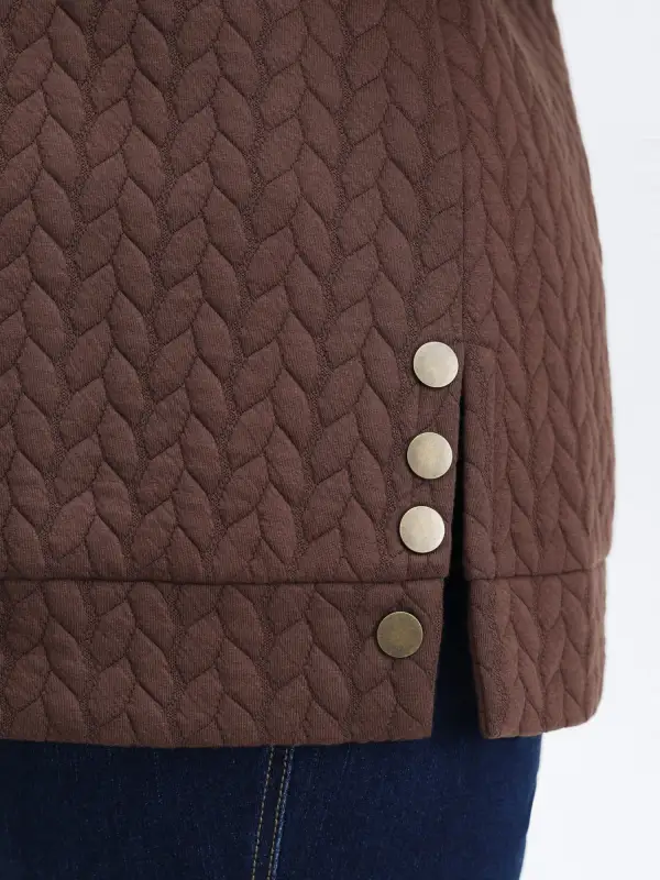 Textured Side Slit Round Neck Sweatshirt