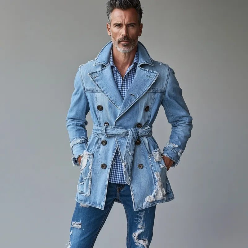 Men's Fashion Lapel Double Breasted Pocket Belt Ripped Denim Trench Coat
