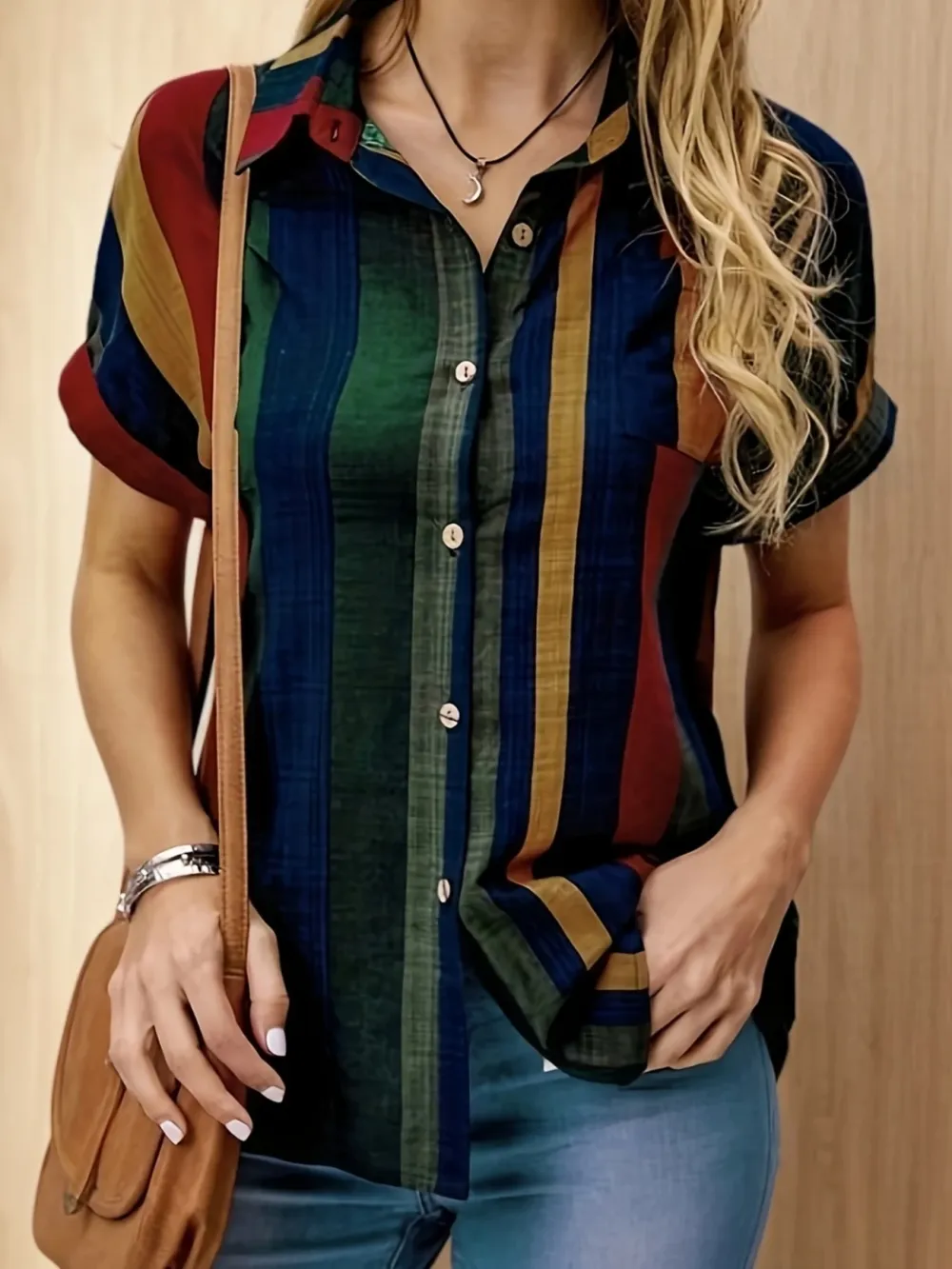 Striped Print Button Front Blouse