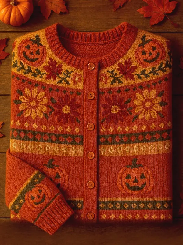 Women's Fall Pumpkin Sweater Print Cardigan
