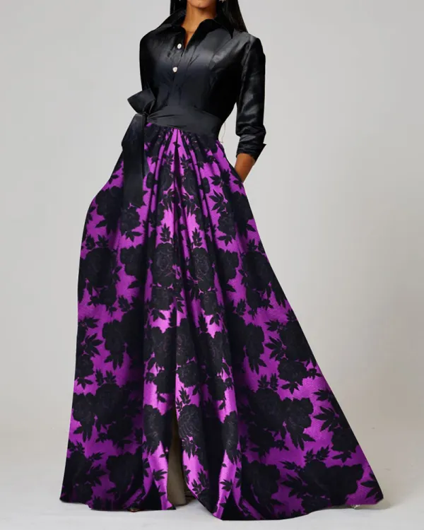 Contrasting maxi dress shirt collar Printed Gown