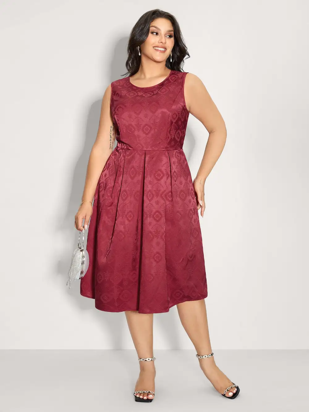 Textured Pleated Waist-Defining Midi Dress