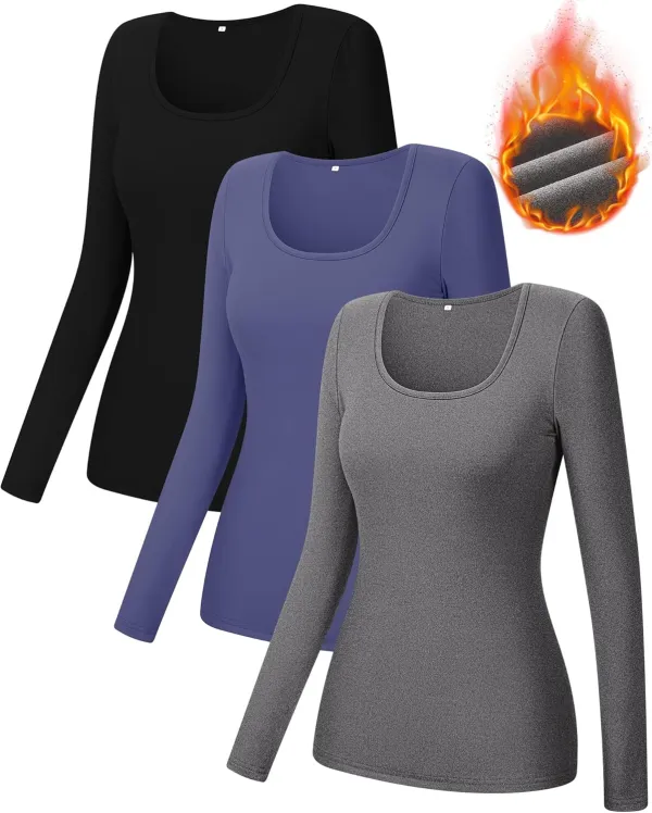 3 Pack Women's Thermal Long Sleeve Shirts Fleece Lined Scoop Neck Stretch Fitted Tops Winter Base Layer Underwear