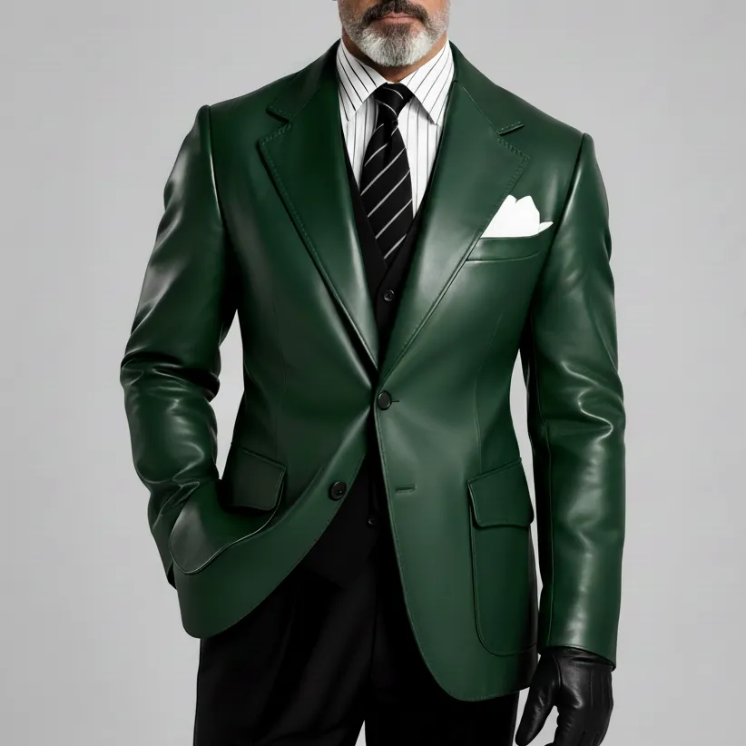 Men's Dark Green PU Leather Notched Lapel Single Breasted Flap Pockets Long Sleeve Blazer