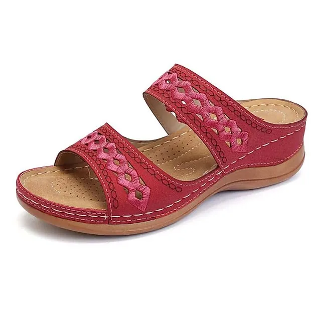 Women's Sandals Slippers Casual Daily Beach Solid Colored Summer Spring Cut Out Embroidery Wedge Heel Round Toe Casual Minimalism Synthetics Loafer Wine