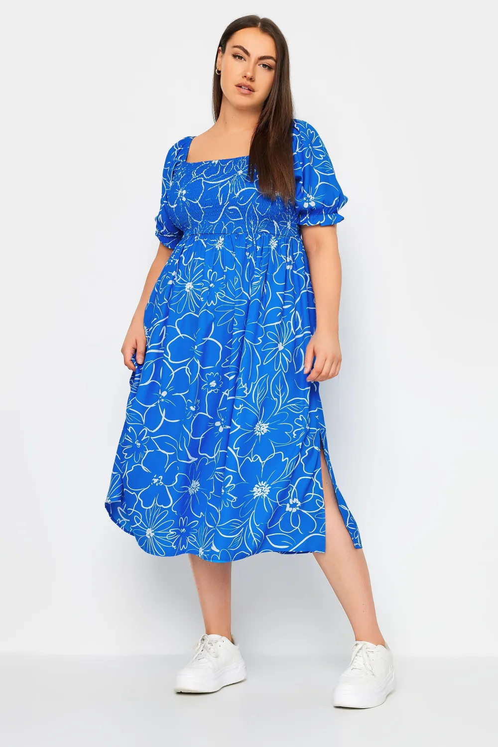 YOURS Curve Black Floral Print Shirred Midi Dress