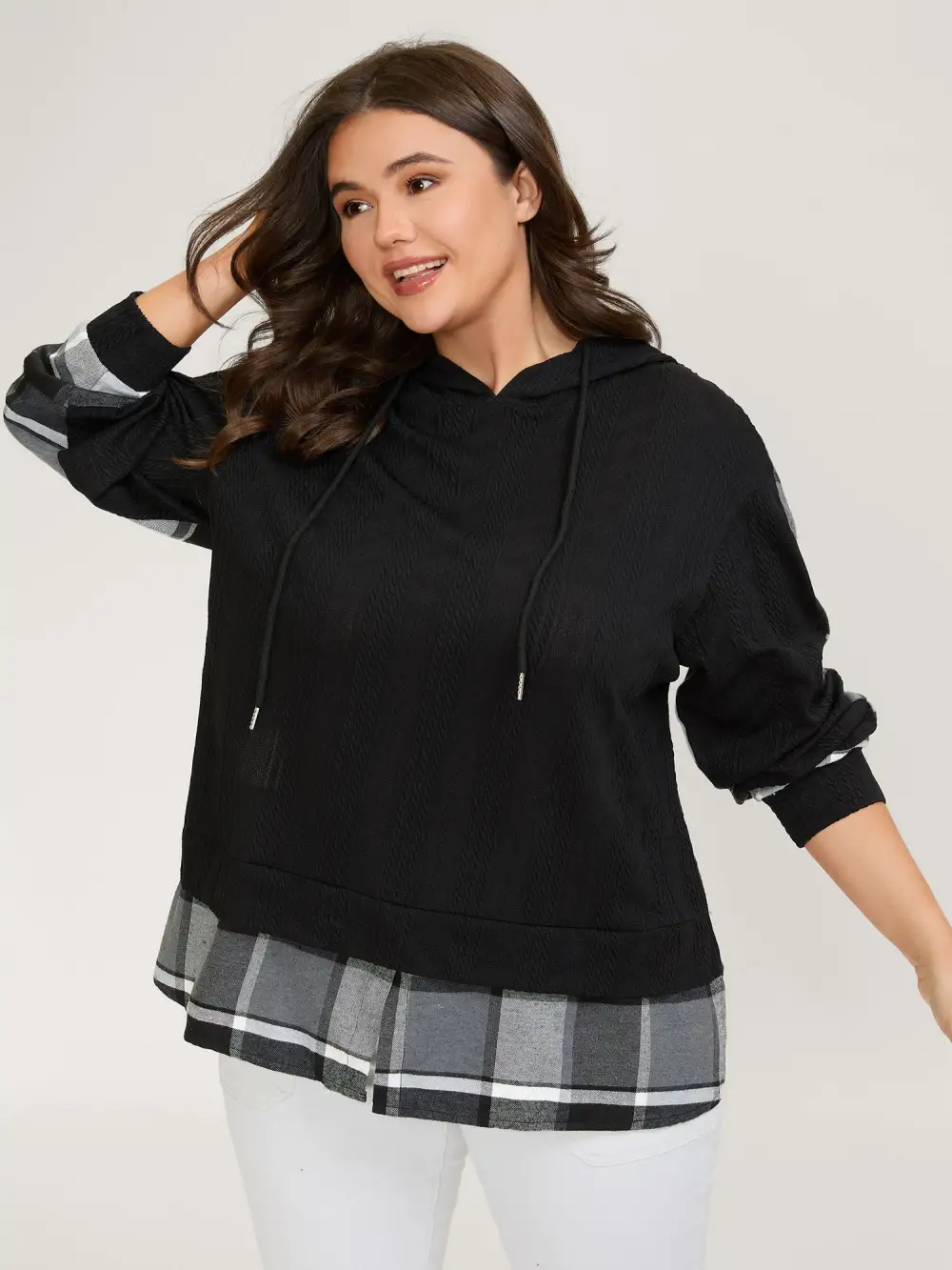 Plaid Contrast Print Relaxed-Fit Hoodie
