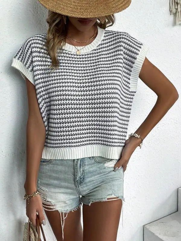 Women's Striped Print Round Neck Knit Top, Vacation Clothes