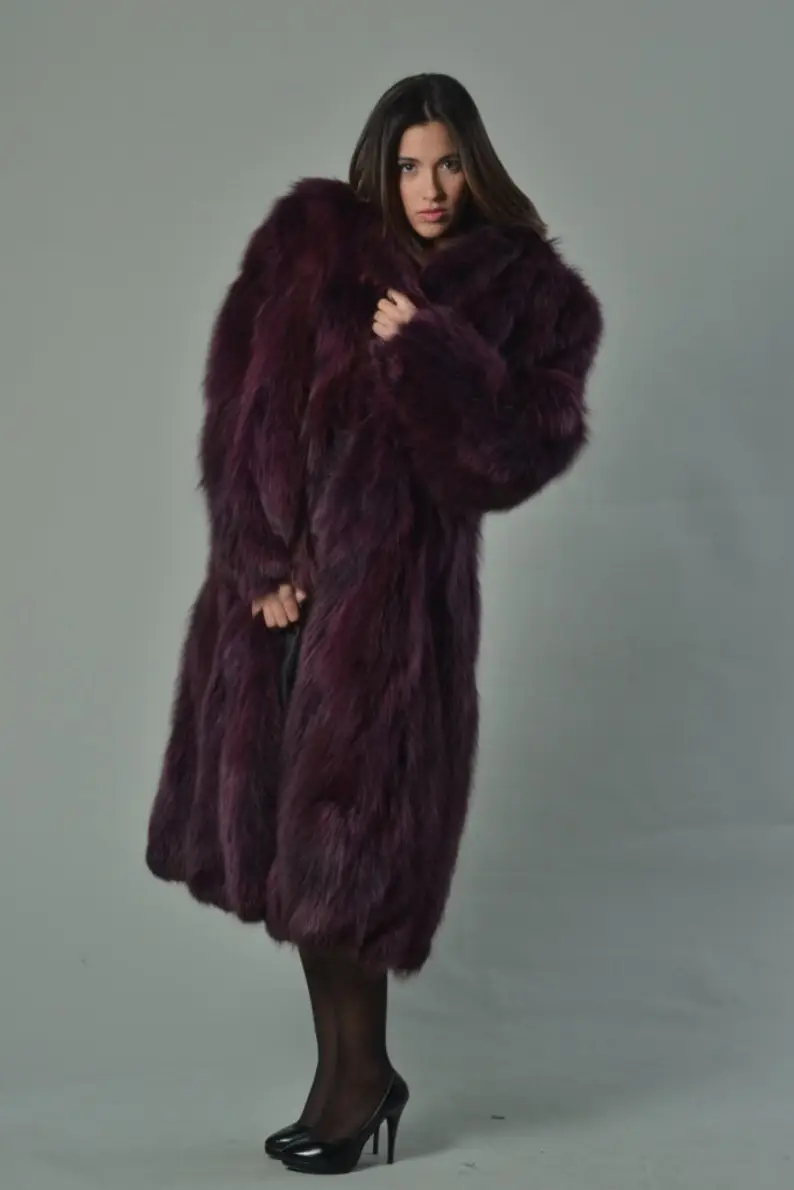 Fox fur coat fox collar full length women's