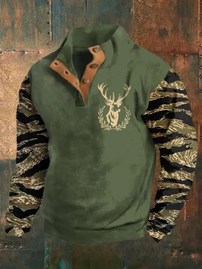 Men's Vintage Western Print Stand Collar Button-Down Sweatshirt