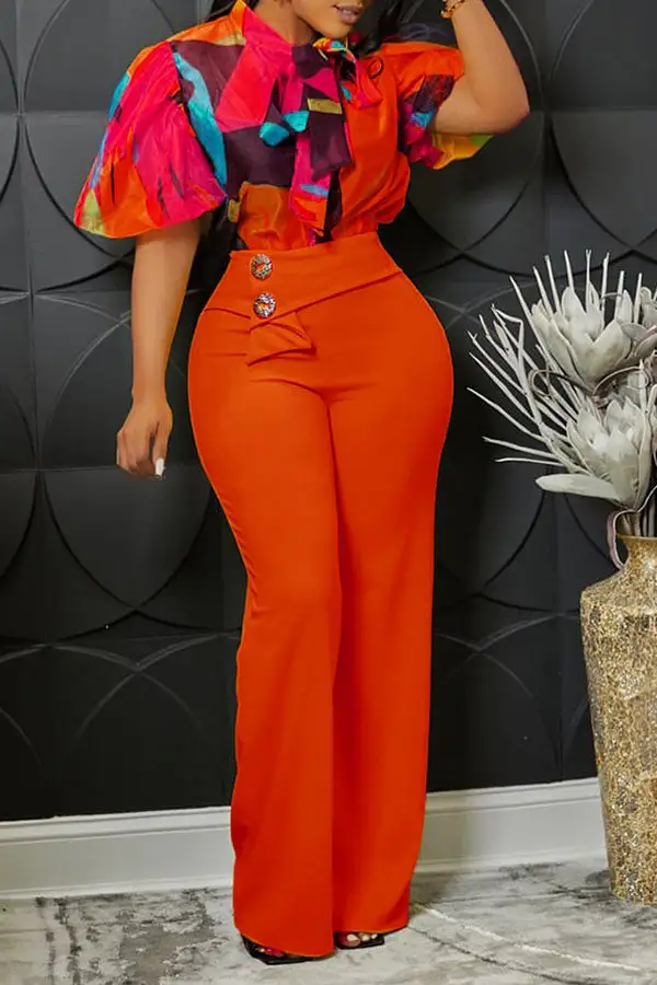 Abstract Print Elegant Pussy Bow Pant Suit