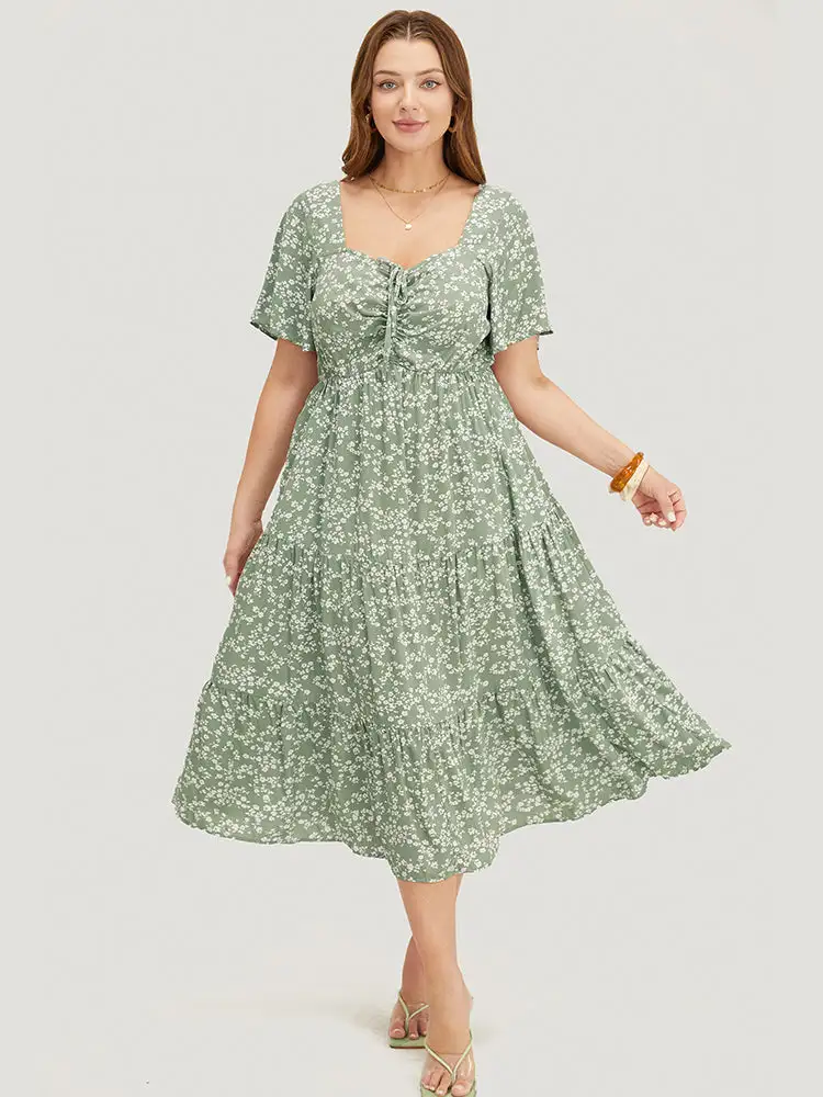 Ditsy Floral Sweetheart Drawstring Pocket Tiered Dress