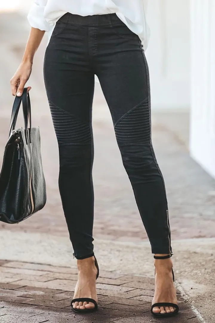 Solid Slant Pocket Zip Side Seam Detail Skinny Jeans
