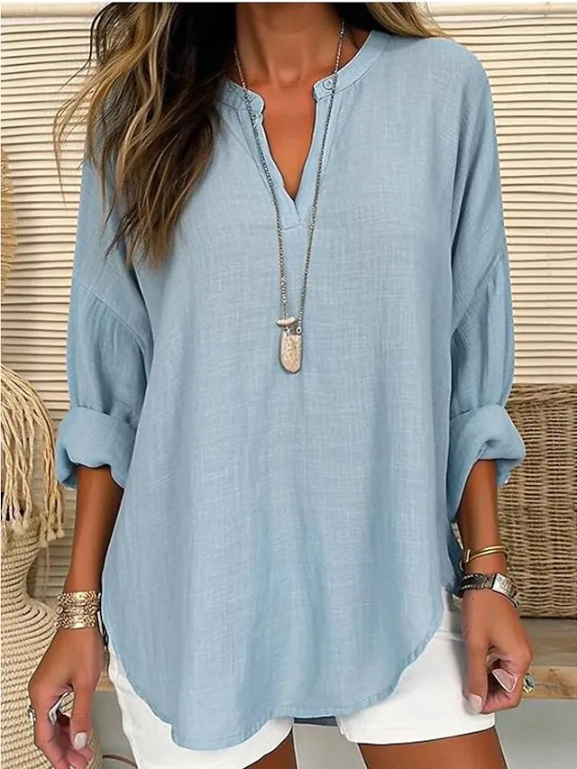 Women's Shirt Blouse Linen Casual Daily Pink Long Sleeve Solid Basic V Neck Spring Fall