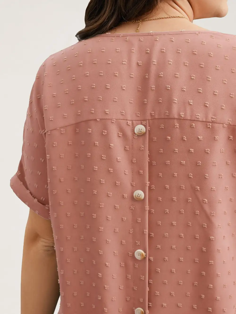 Back-Button Textured V-Neck Shirt