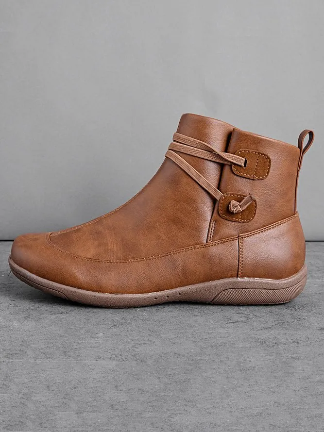 Vintage Women Casual Braided Strap Breathable Lether PU Flat Heel Classic Boots