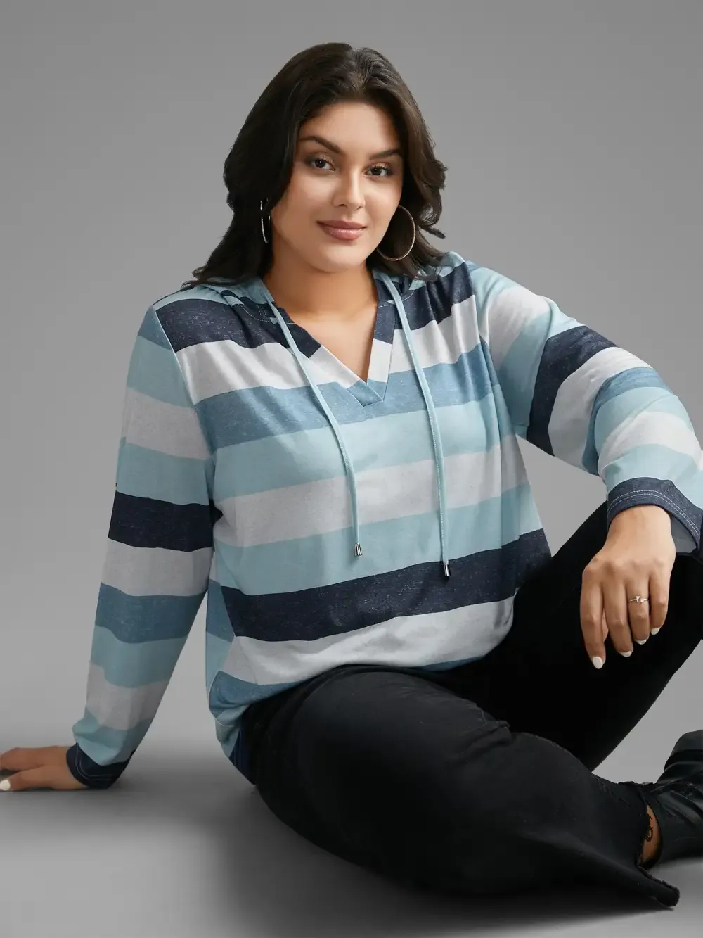 Contrast Striped Hooded Drawstring T-Shirt