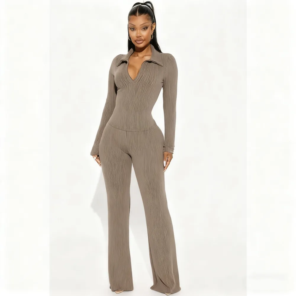 Ribbed Knit Collared Deep V Slim-Fit Set - Fashion Two-Piece with Flared Pants