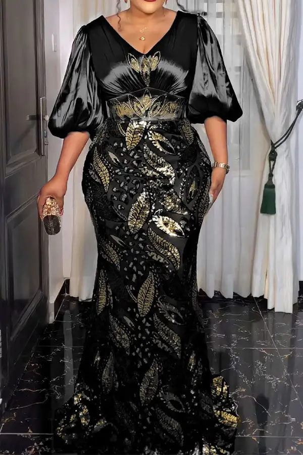 Leaf Pattern Sequined Shimmery Maxi Dress