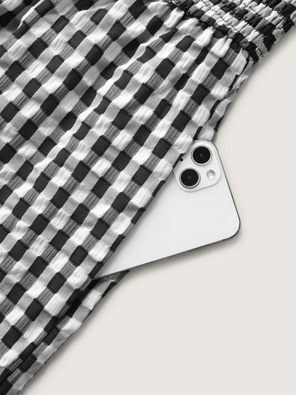 Gingham Print Shirred Straight-Leg Jumpsuit