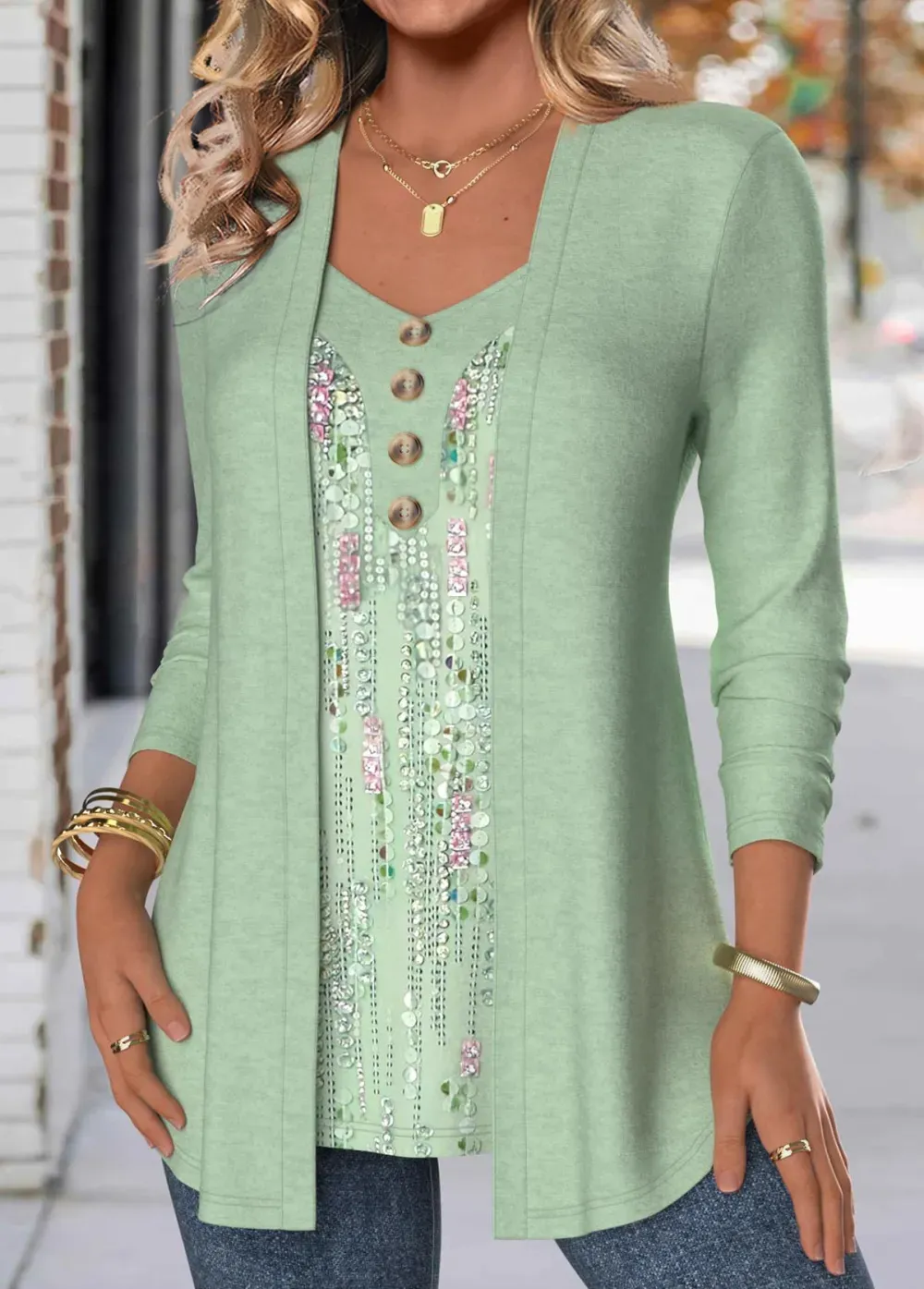 Light Green Button Geometric Print Fake Two Piece Twinset