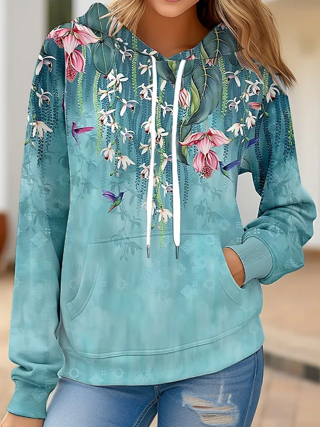 Women's Hoodie Sweatshirt Pullover Vintage Basic Front Pocket Yellow Red Blue Floral Street Casual Hoodie Long Sleeve Top Micro-elastic Fall & Winter