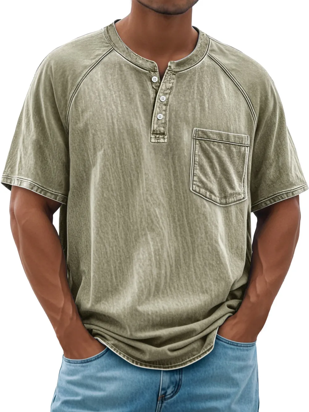Men's Retro Everyday Raglan Pocket Casual Short Sleeve Henley Shirt