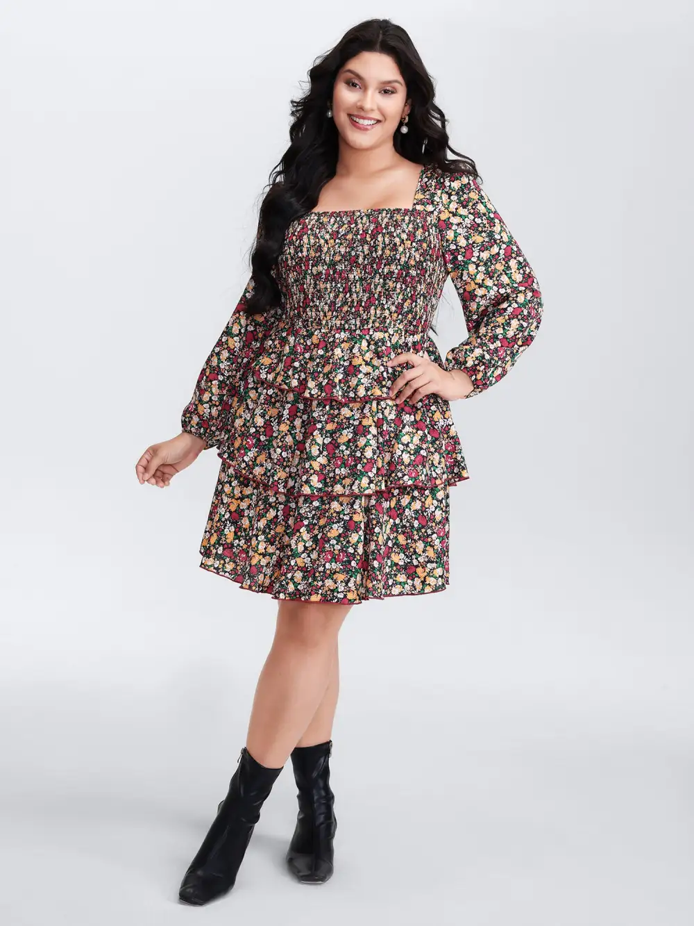 Floral Shirred Layered Skirt Mini Dress