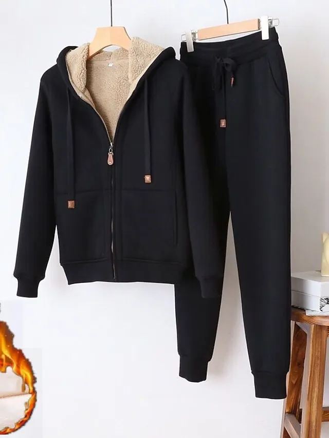 Women's Sweatshirt Tracksuit Pants Sets Black Red Blue Solid Color Zipper Drawstring Long Sleeve Sport Vacation Streetwear Sherpa Fleece Teddy Hooded Regular Fit Fall & Winter