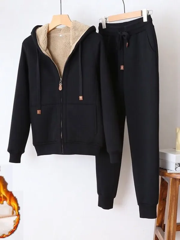 Women's Sweatshirt Tracksuit Pants Sets Black Red Blue Solid Color Zipper Drawstring Long Sleeve Sport Vacation Streetwear Sherpa Fleece Teddy Hooded Regular Fit Fall & Winter