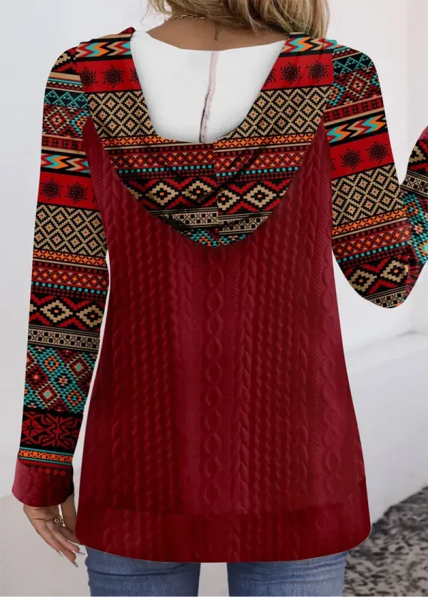 Wine Red Patchwork Tribal Print Long Sleeve Hoodie