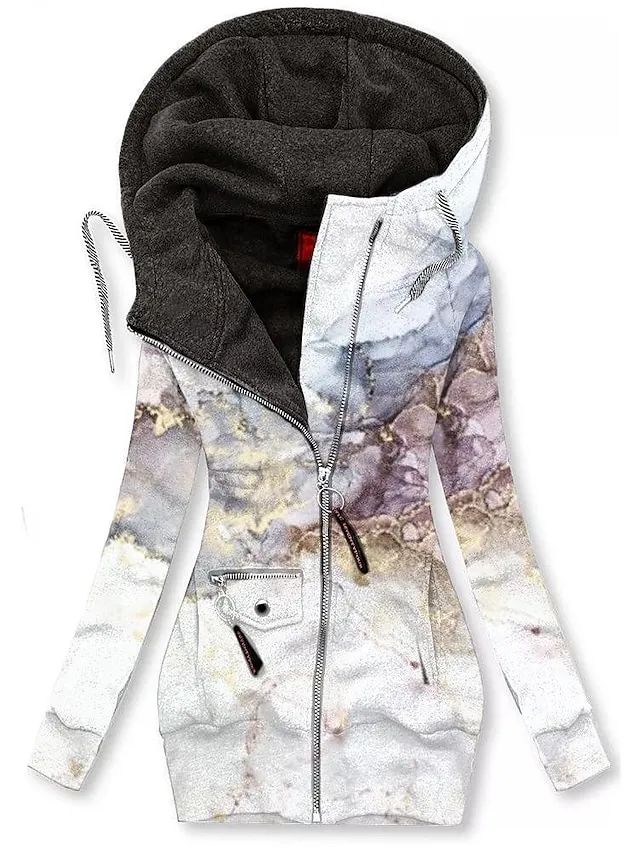Women's Zip Hoodie Sweatshirt Sports Basic Neon & Bright Drawstring Zip Up Front Pocket Black White Blue Graphic Floral Cat Street Casual Hoodie Long Sleeve Top Micro-elastic Fall & Winter