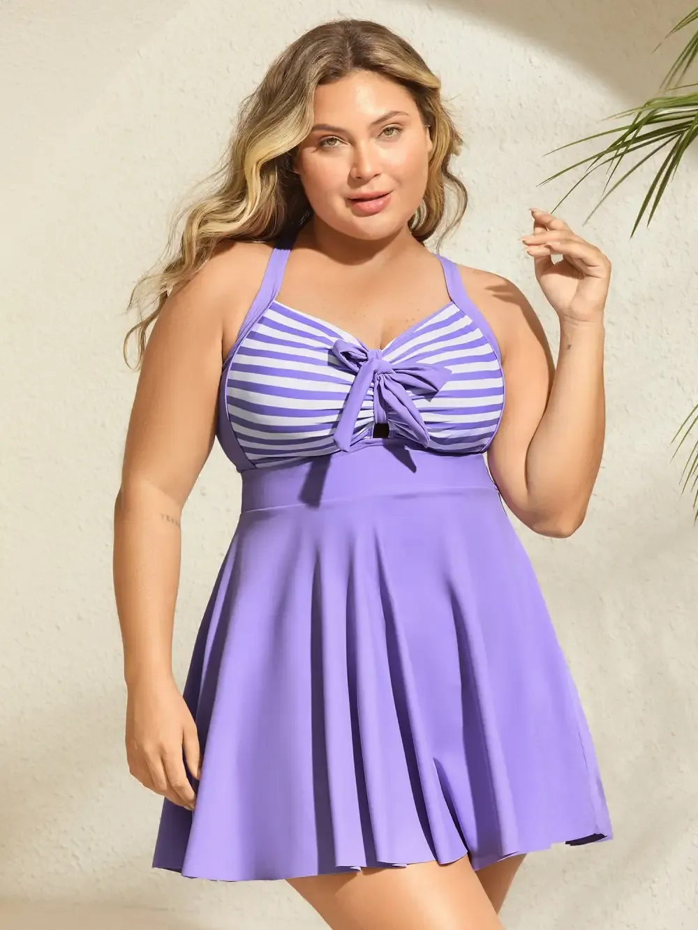 Stripes Patchwork Tie Knot Cross Straps Swim Dress