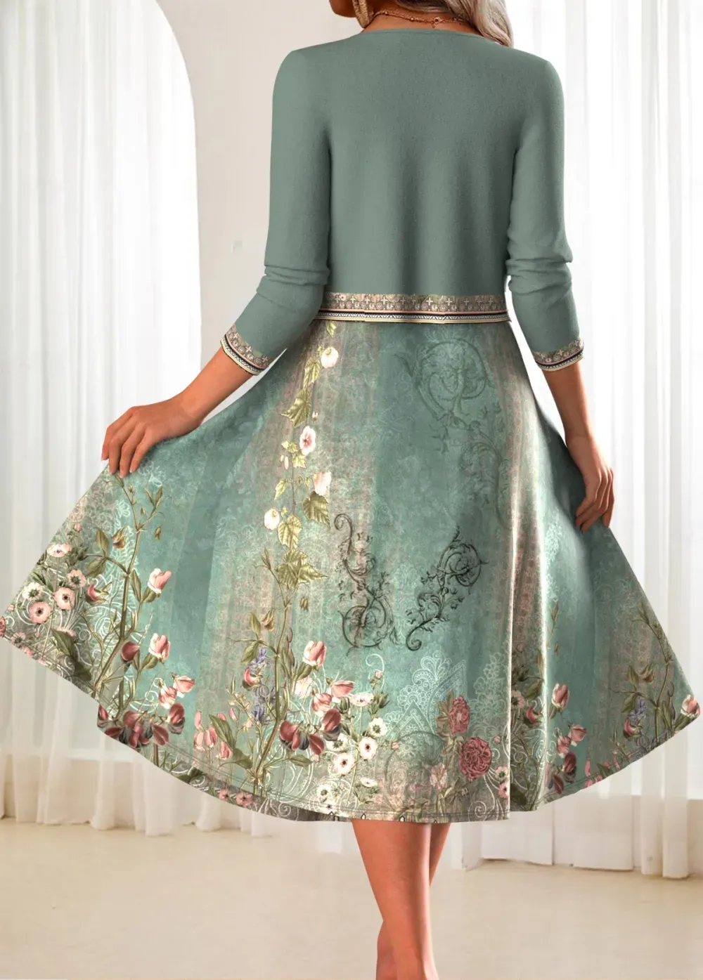 Sage Green Two Piece Floral Print Dress and Cardigan