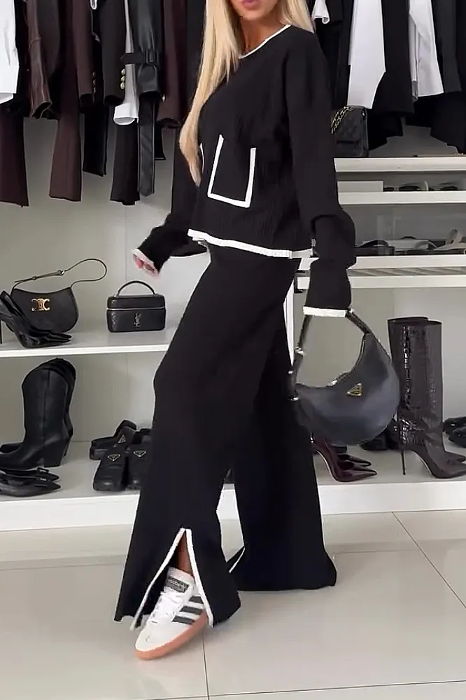Women's two-piece contrasting casual top and pants set